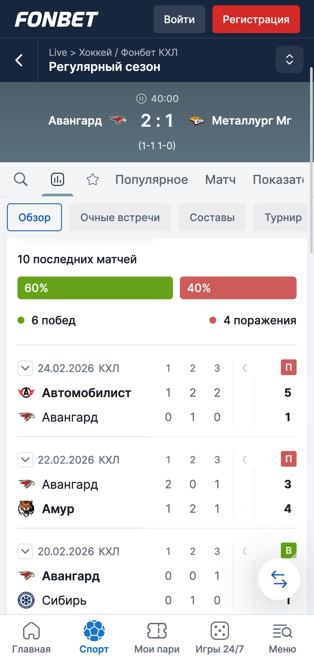 Статистика на странице матча в Фонбет