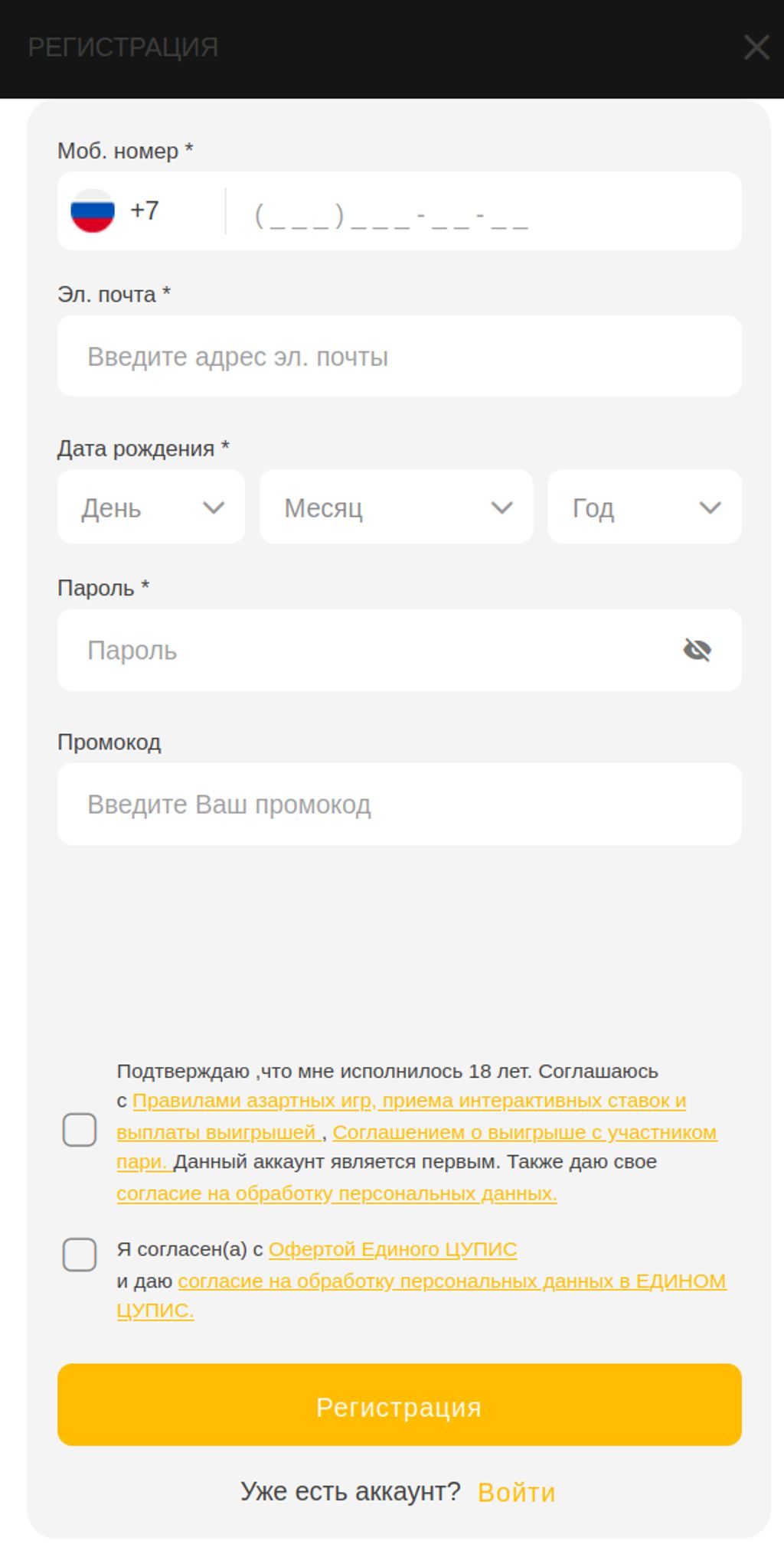 Поля регистрации и обязательные согласия